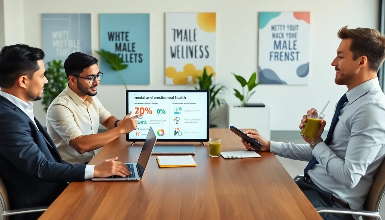 diverse group discussing male wellness in a modern office.