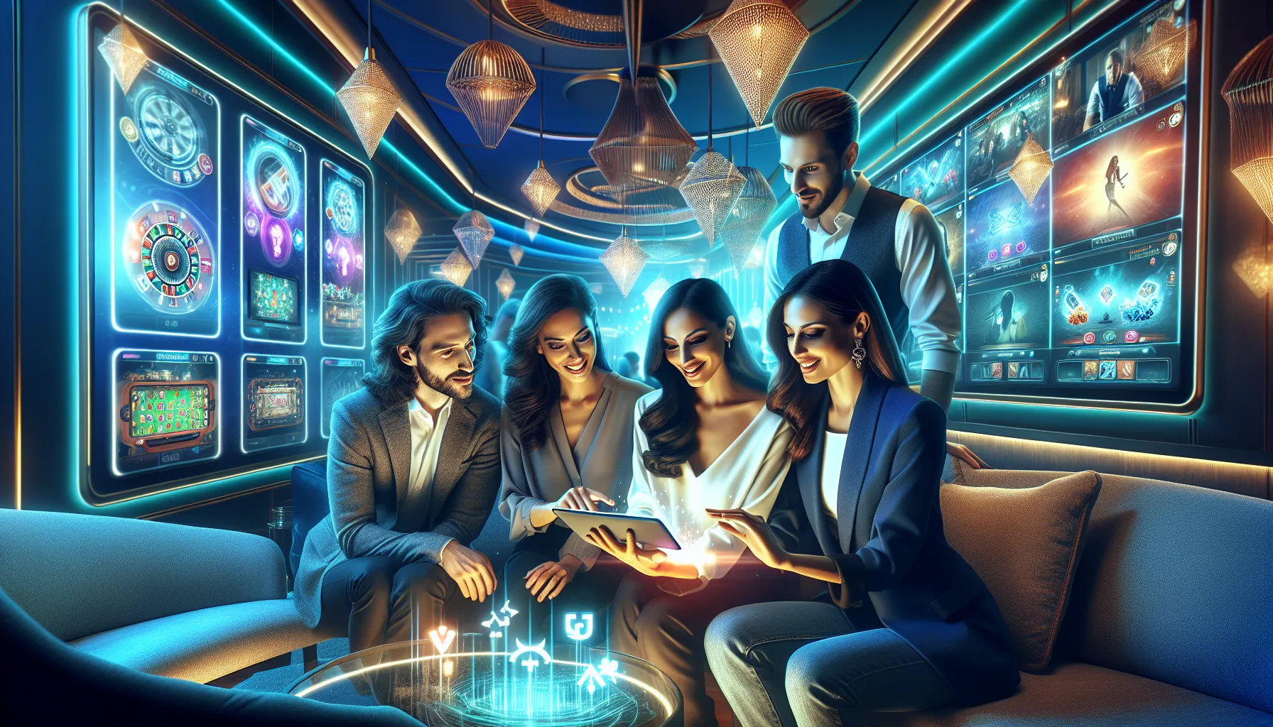 diverse group discussing an online gaming platform.