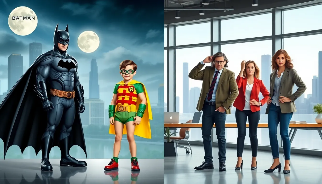 Iconic trios from Batman and Friends in a dynamic split-screen setting.