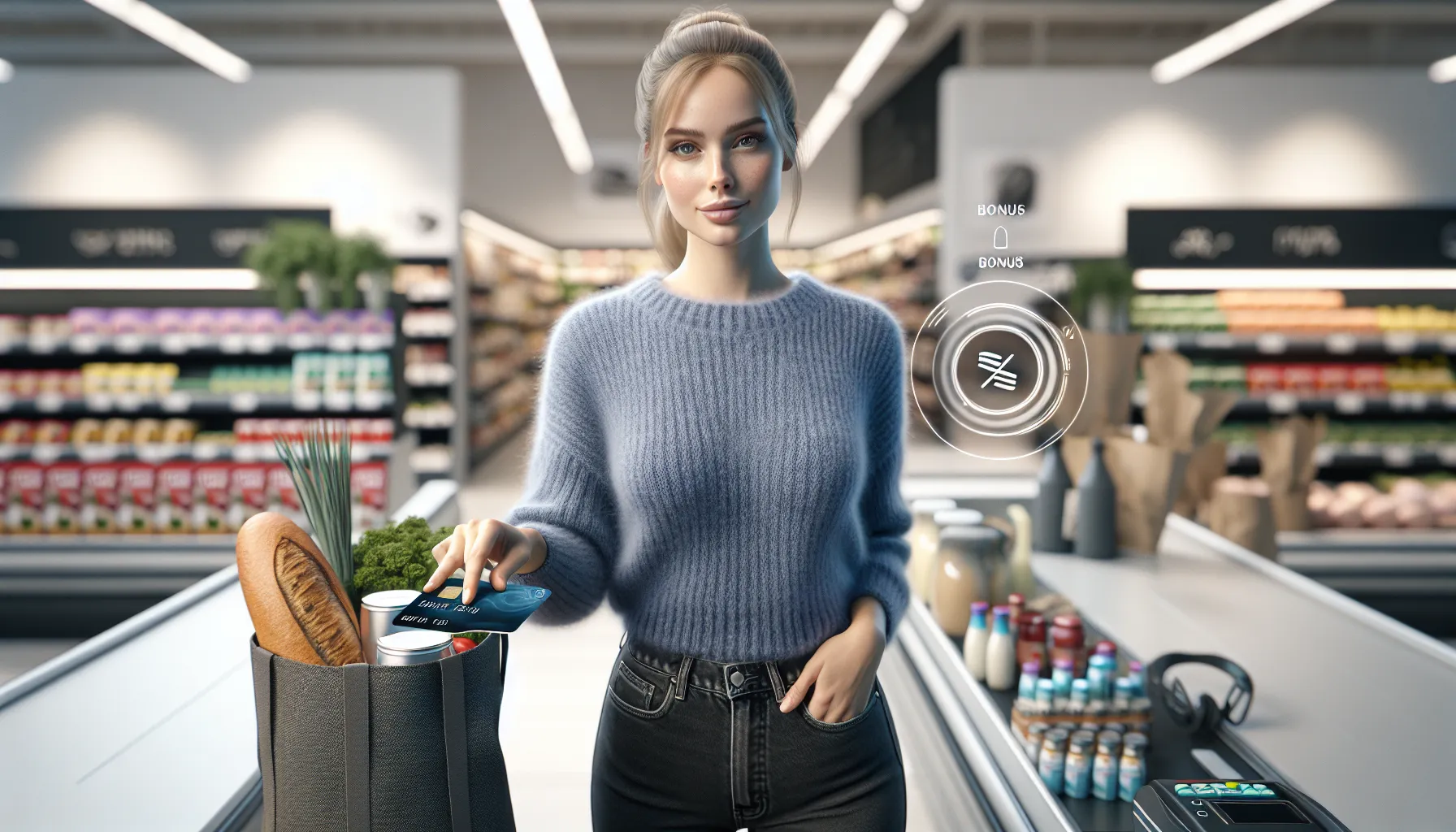 Woman in norwegian grocery store paying with bonus credit card earning rewards.