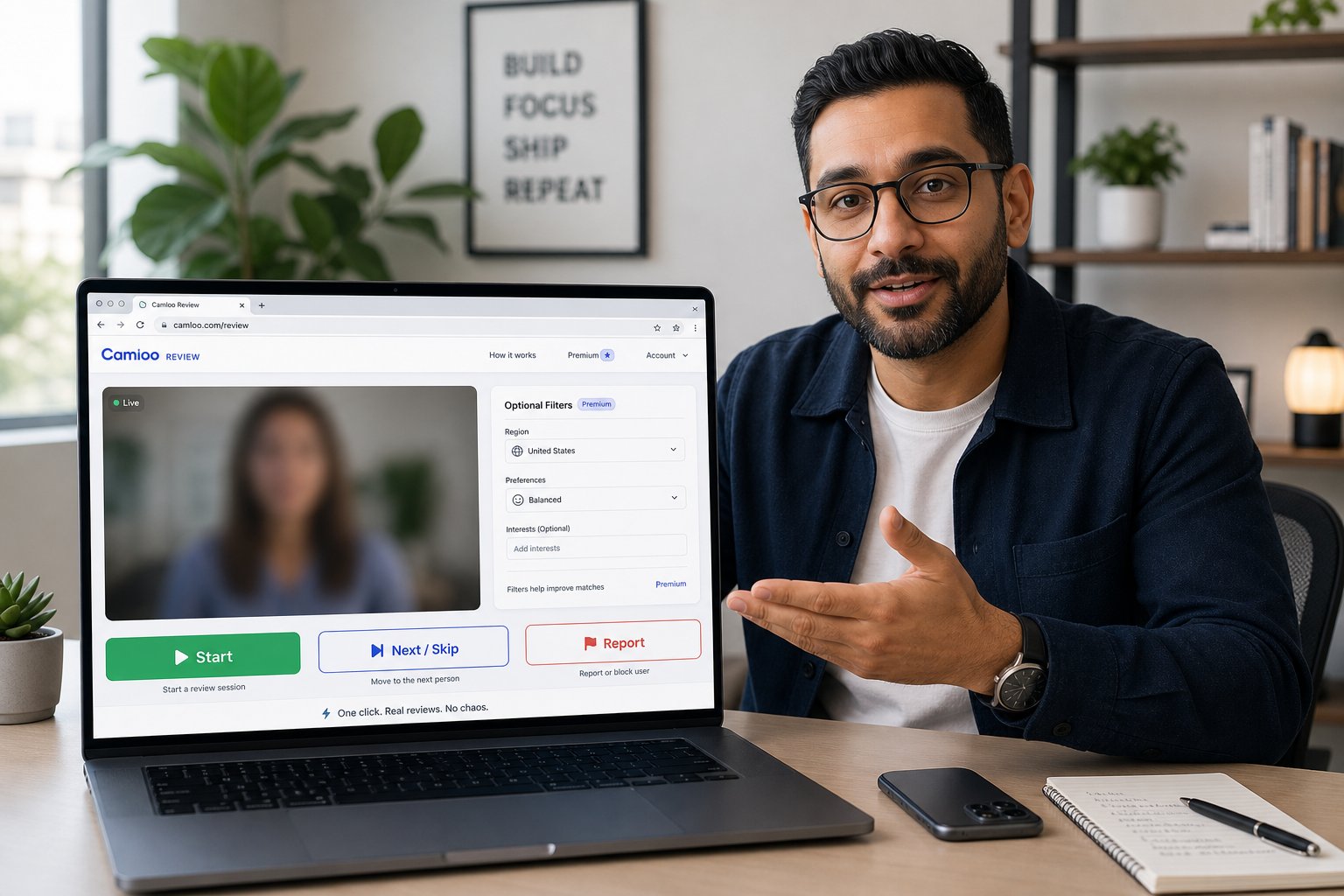Reviewer testing a browser-based random video chat with filters and skip controls.