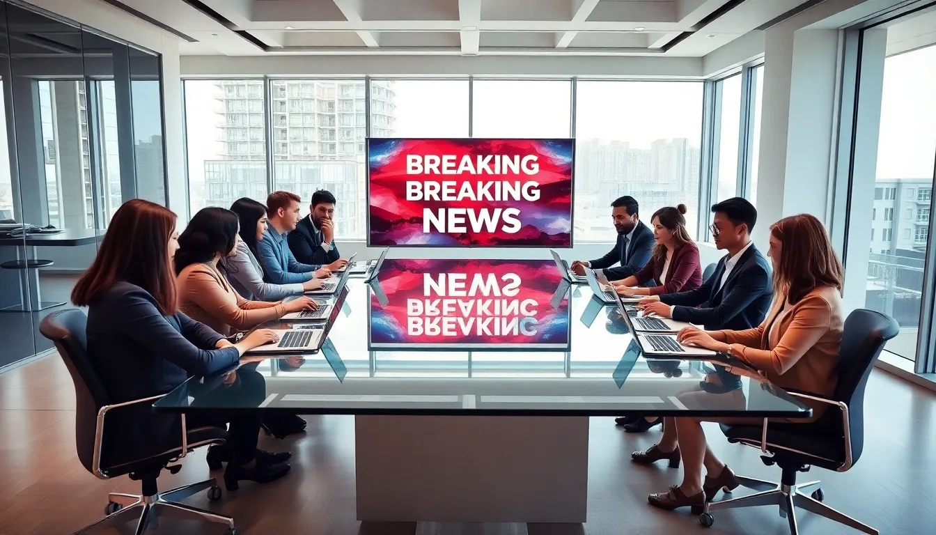 diverse team discussing early news updates in a modern office.