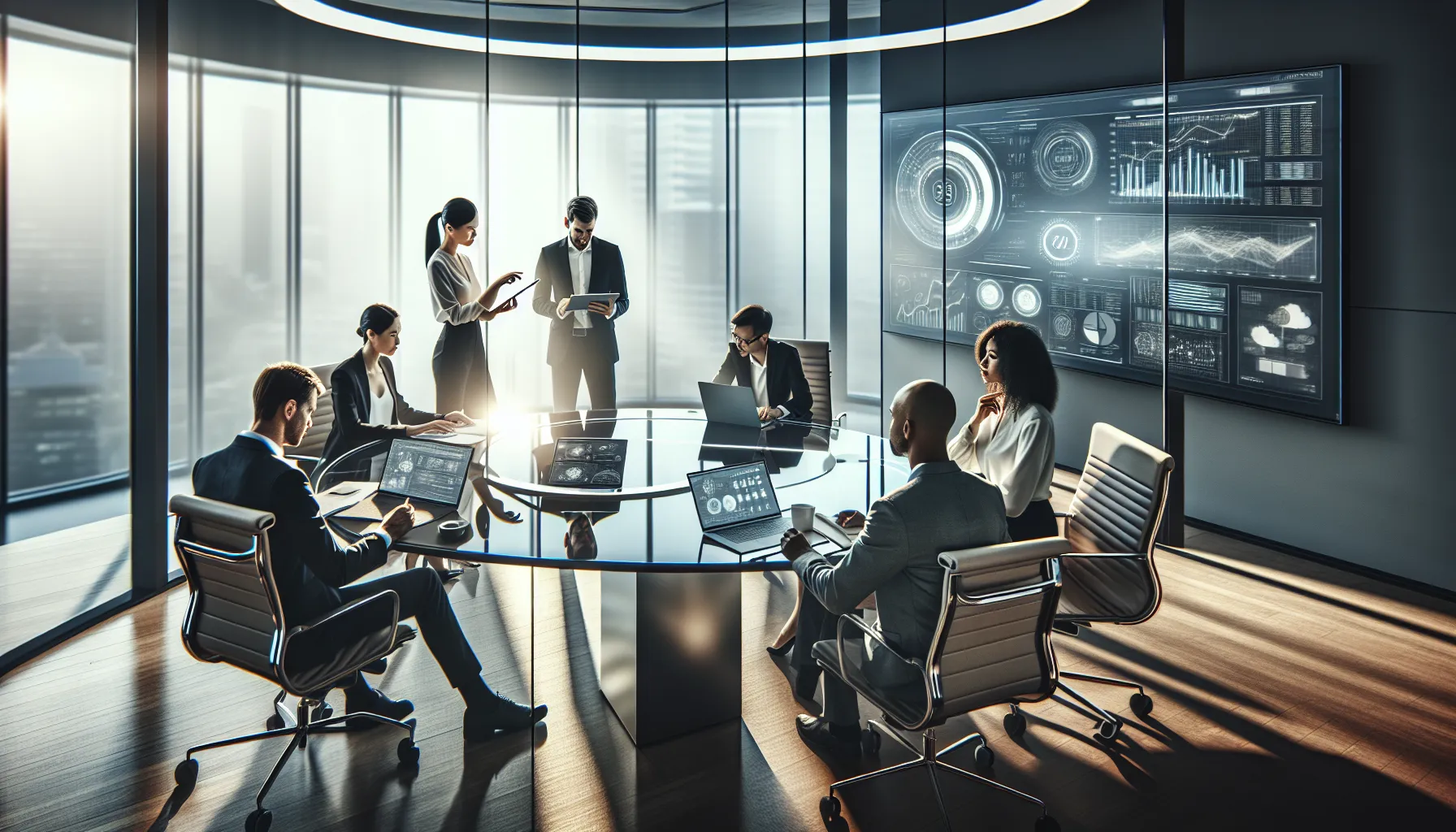 diverse team discussing digital innovation in a modern office.