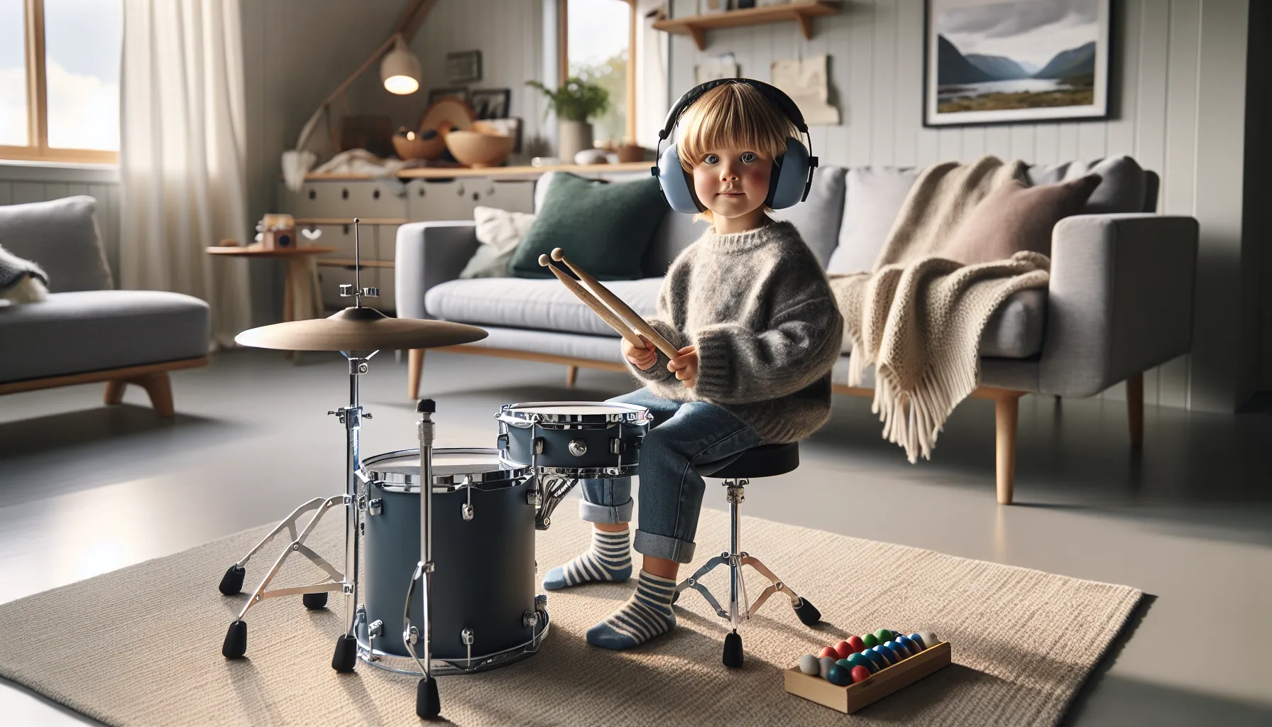 Trommesett for barn: hva du bør vite 3 Norwegian child focused on a small drum set in a cozy home.