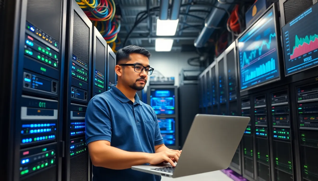 a technician monitoring servers in a modern server room.