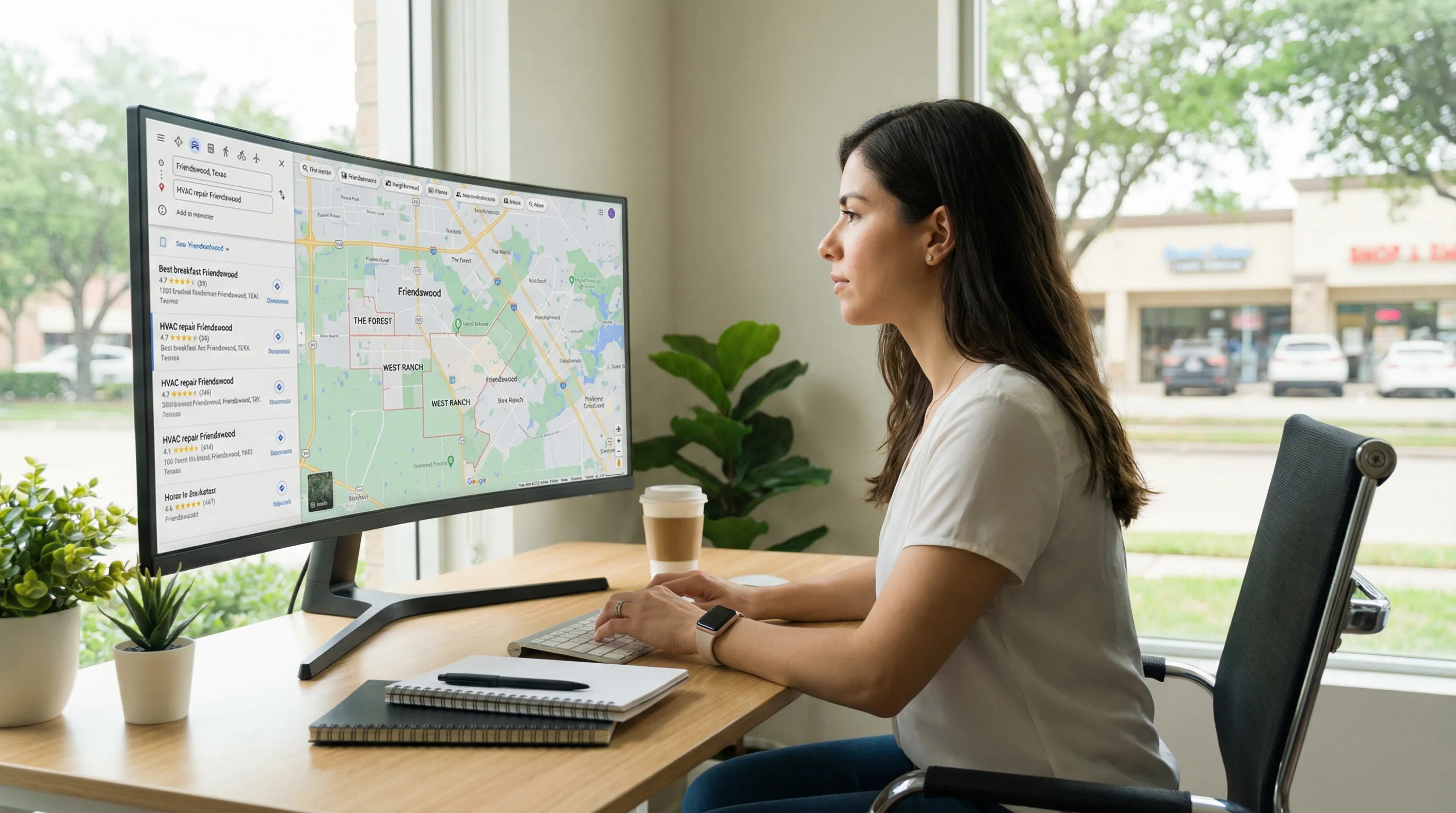 Marketer analyzing local search results and a map of Friendswood on a computer screen in a modern office.