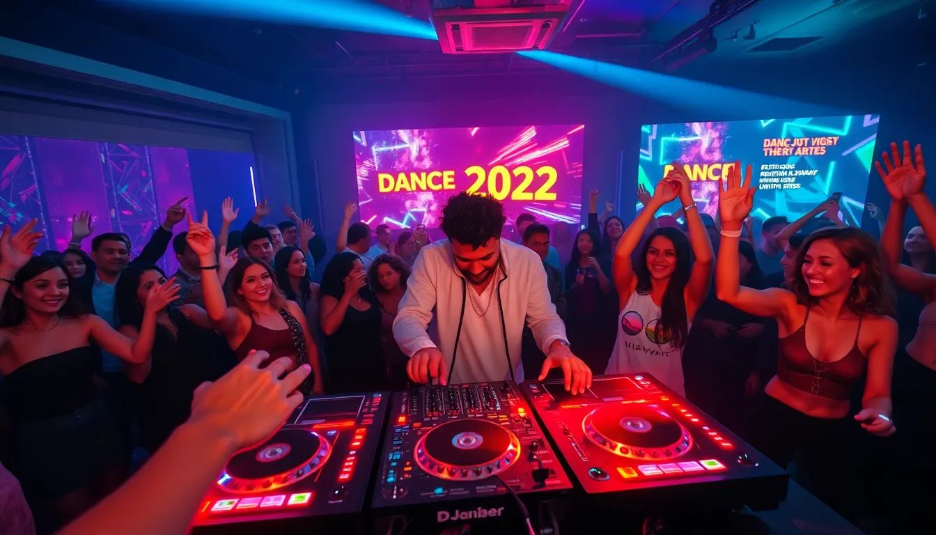 DJ performing at a lively nightclub with dancing crowd.