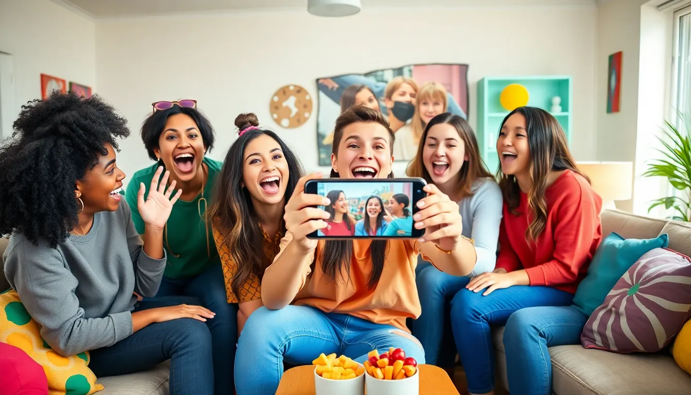 friends expressing excitement in a cozy living room.
