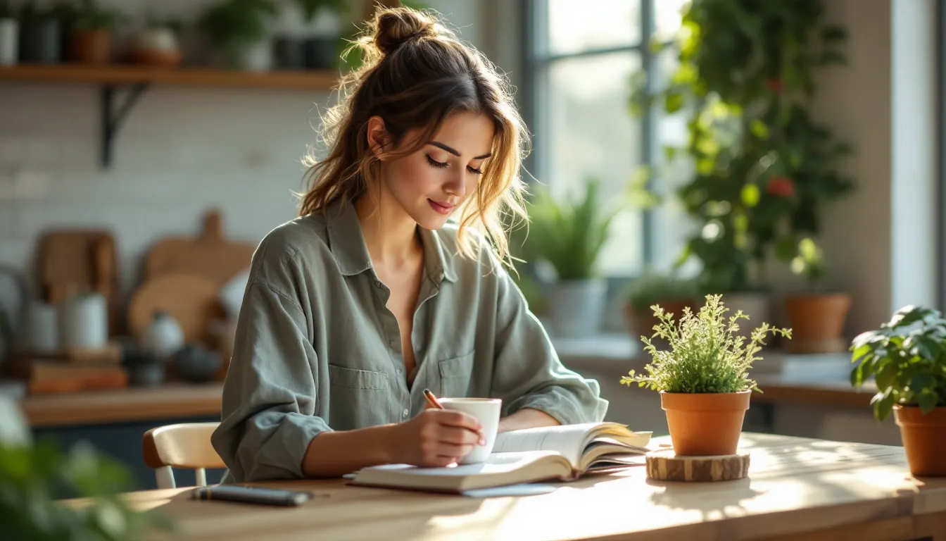 Woman journaling at a sunlit kitchen table, reflecting on her daily habits.