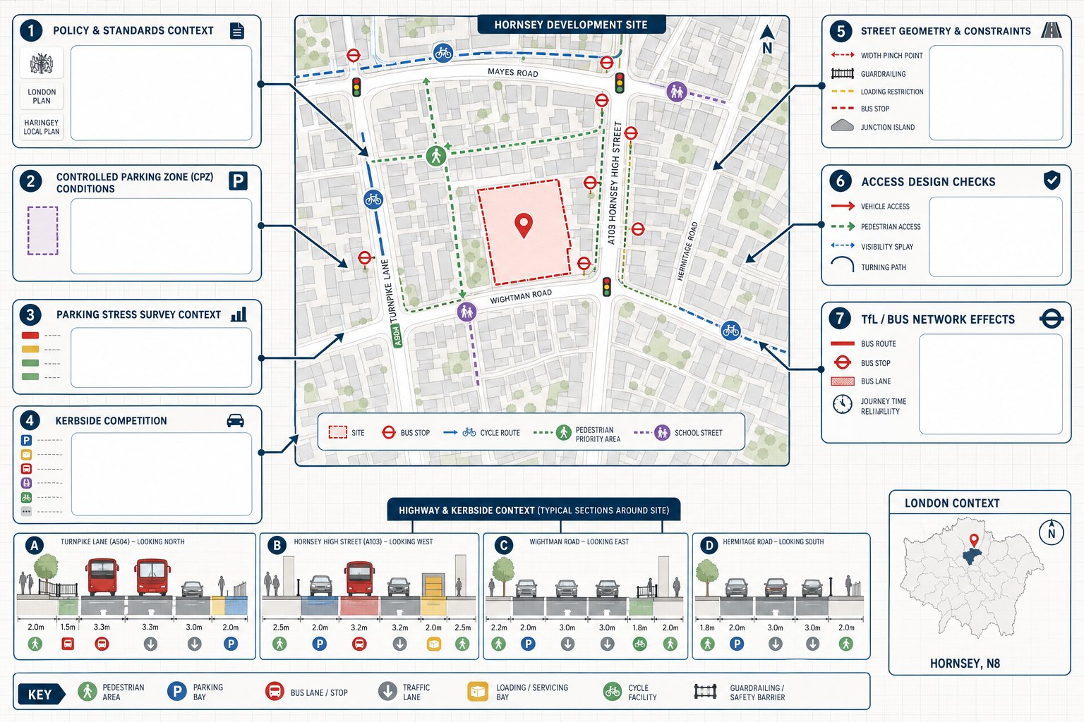 Infographic of Hornsey site planning, parking controls, street constraints, and access design factors.