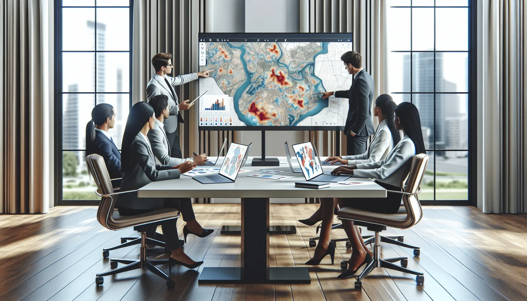 diverse team collaborating over maps in a modern office.