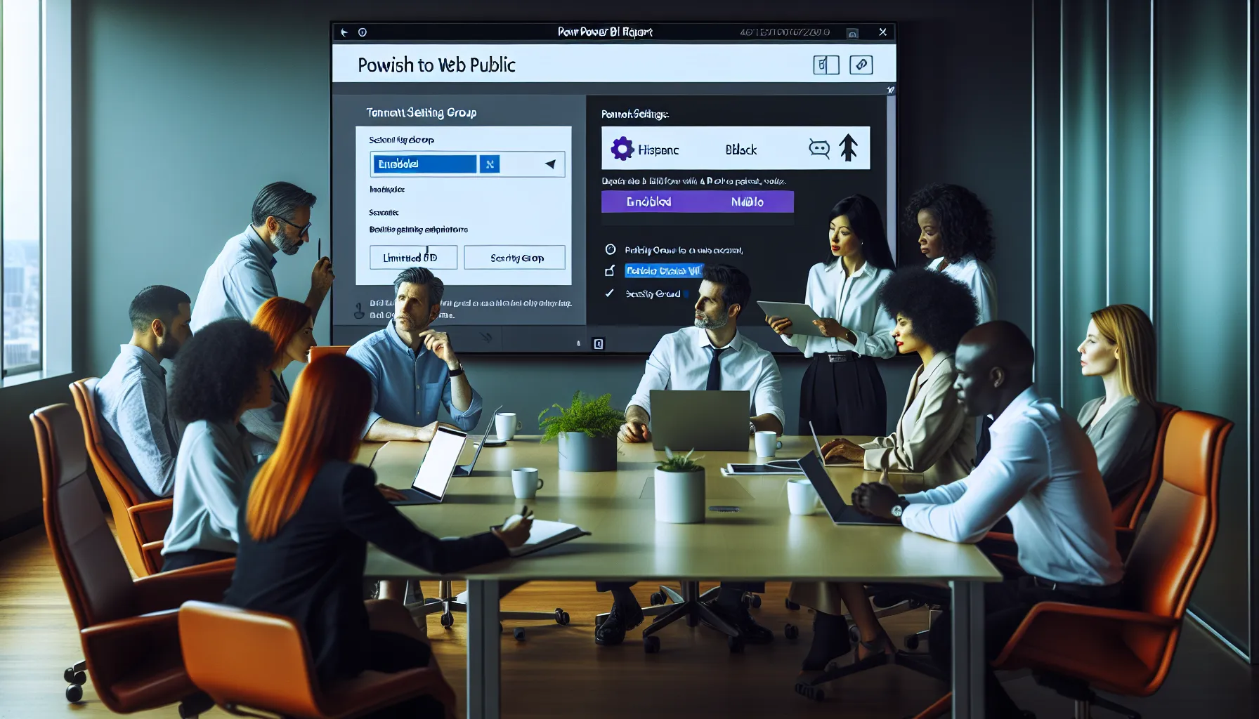 Team configuring secure Power BI Publish to Web settings and embedding a public report.
