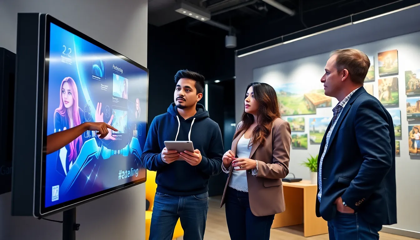 a diverse team discussing game designs in a modern office.