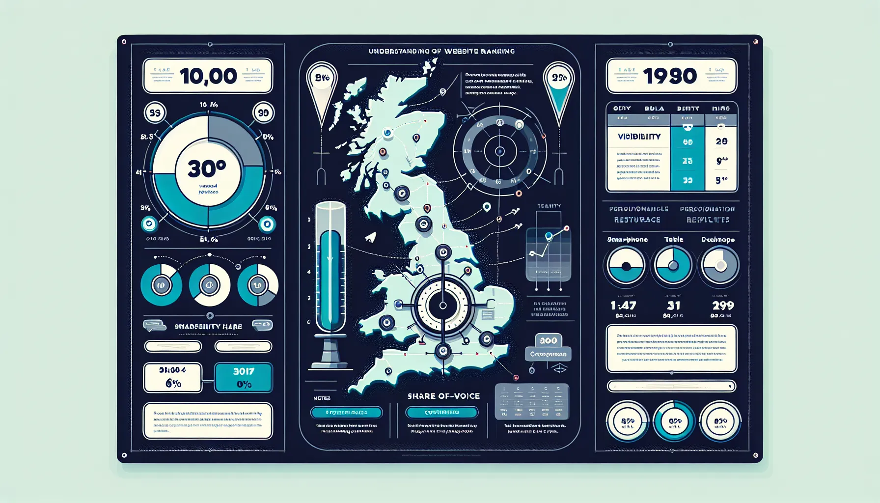 Dashboard infographic showing modern UK-focused approach to checking website ranking.