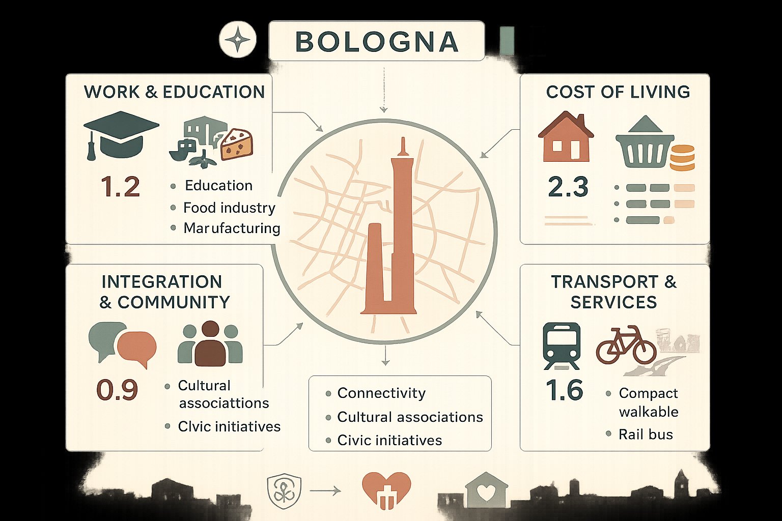 Infografica che mostra lavoro, costi, trasporti e integrazione di Bologna per gli immigrati.