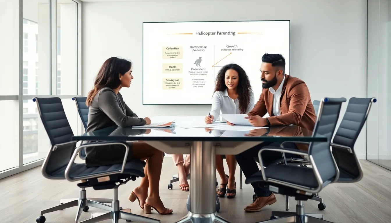 diverse parents discussing helicopter parenting in a modern conference room.