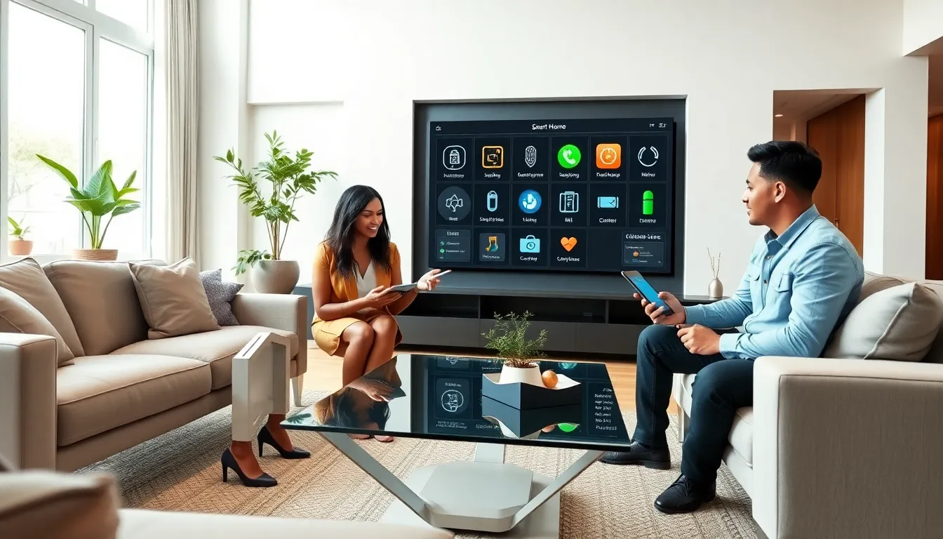 diverse team discussing smart home technology in a modern living room.