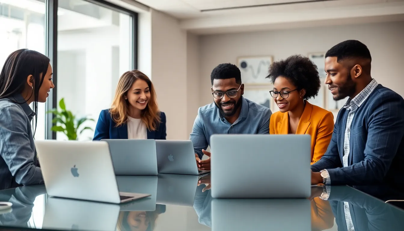 diverse team discussing technology solutions in a modern office.