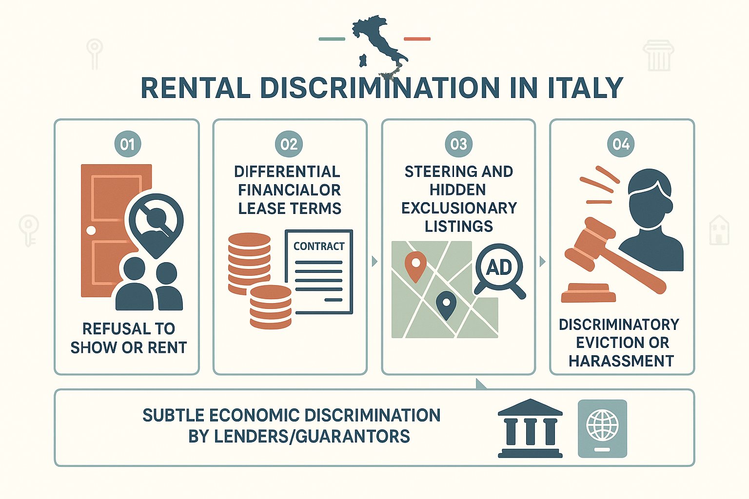 Infografica a pannelli che illustra cinque tipi comuni di discriminazione negli alloggi in affitto in Italia.