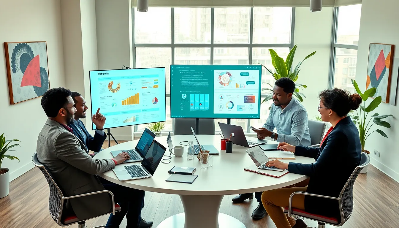 diverse team collaborating in a modern workspace.