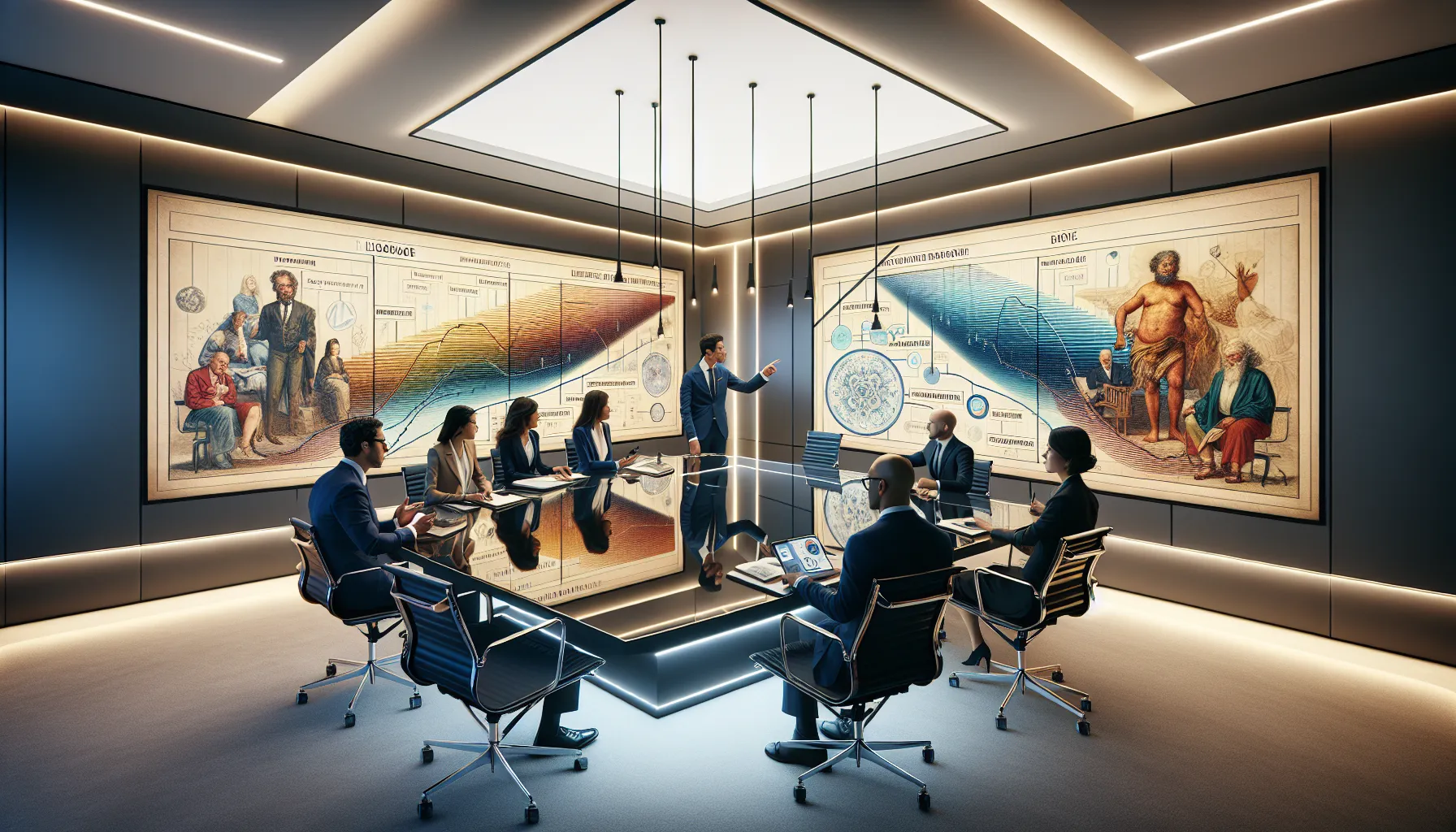 scholars discussing the evolution of fnthyj in a modern conference room.