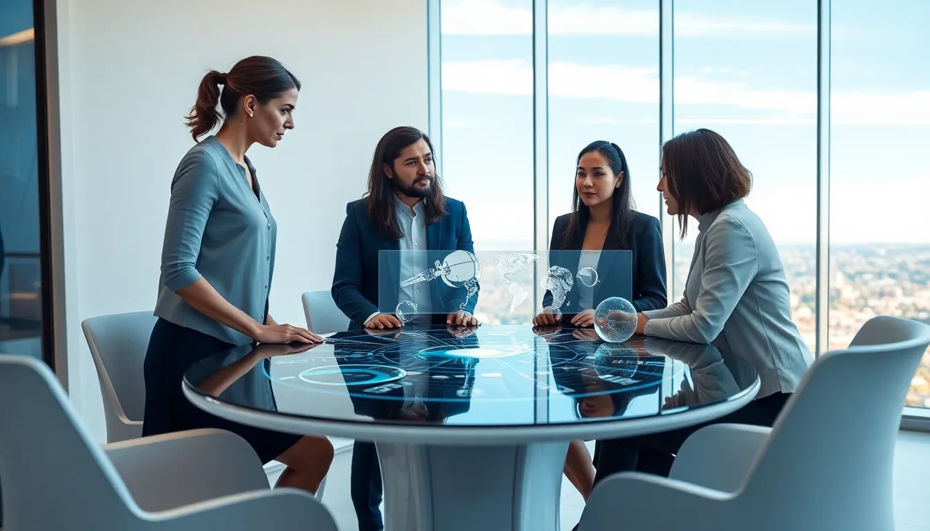 diverse professionals discussing space age technology in a modern office.