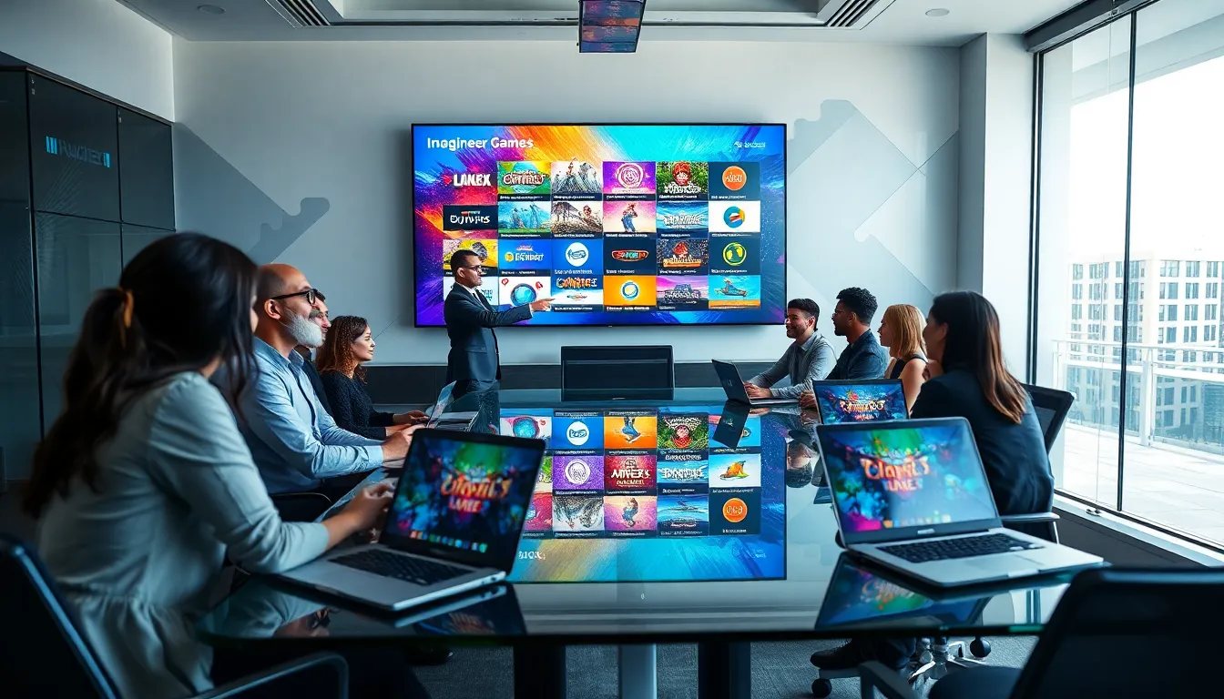 diverse team discussing game development in a modern office.