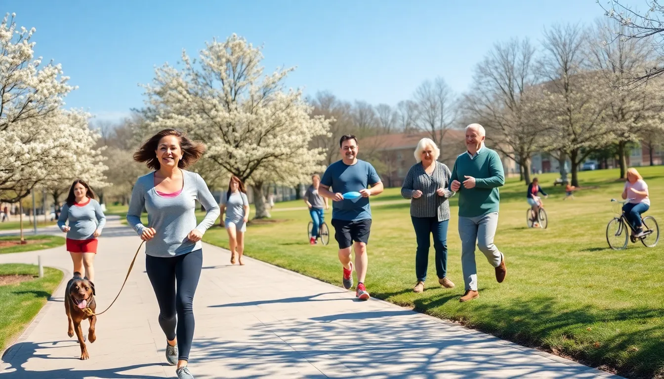 people engaging in various physical activities in a sunny park.