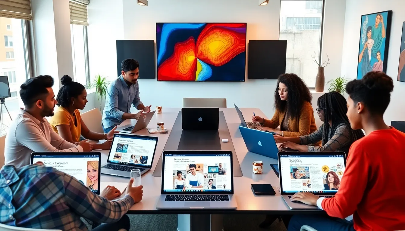 diverse creators discussing #RedWebzine content in a modern office.