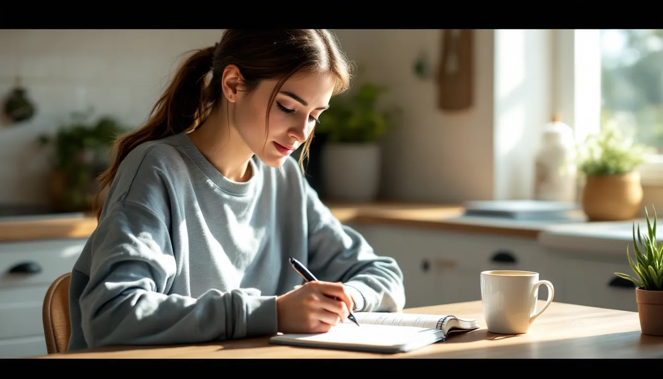 Woman journaling habit triggers in a notebook at a sunlit kitchen table.