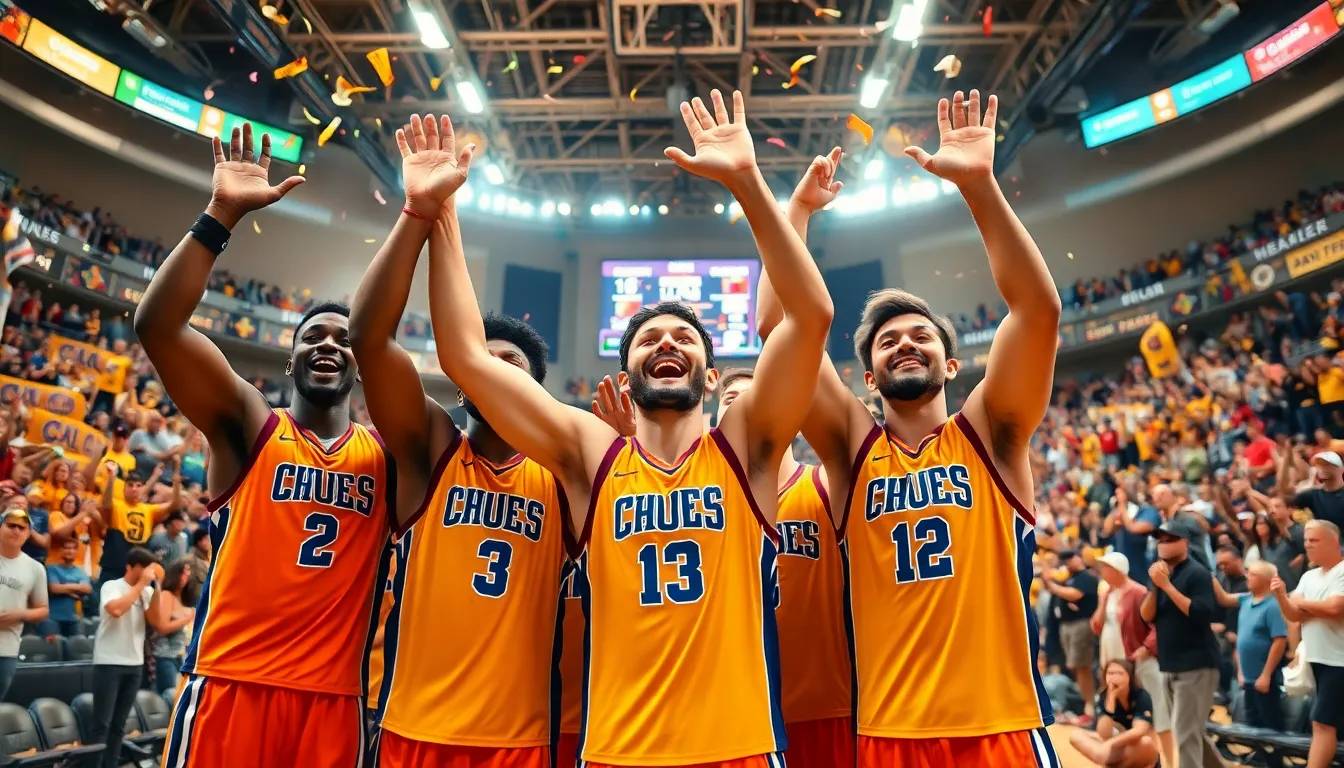 an underdog basketball team celebrating an unexpected victory in an arena.