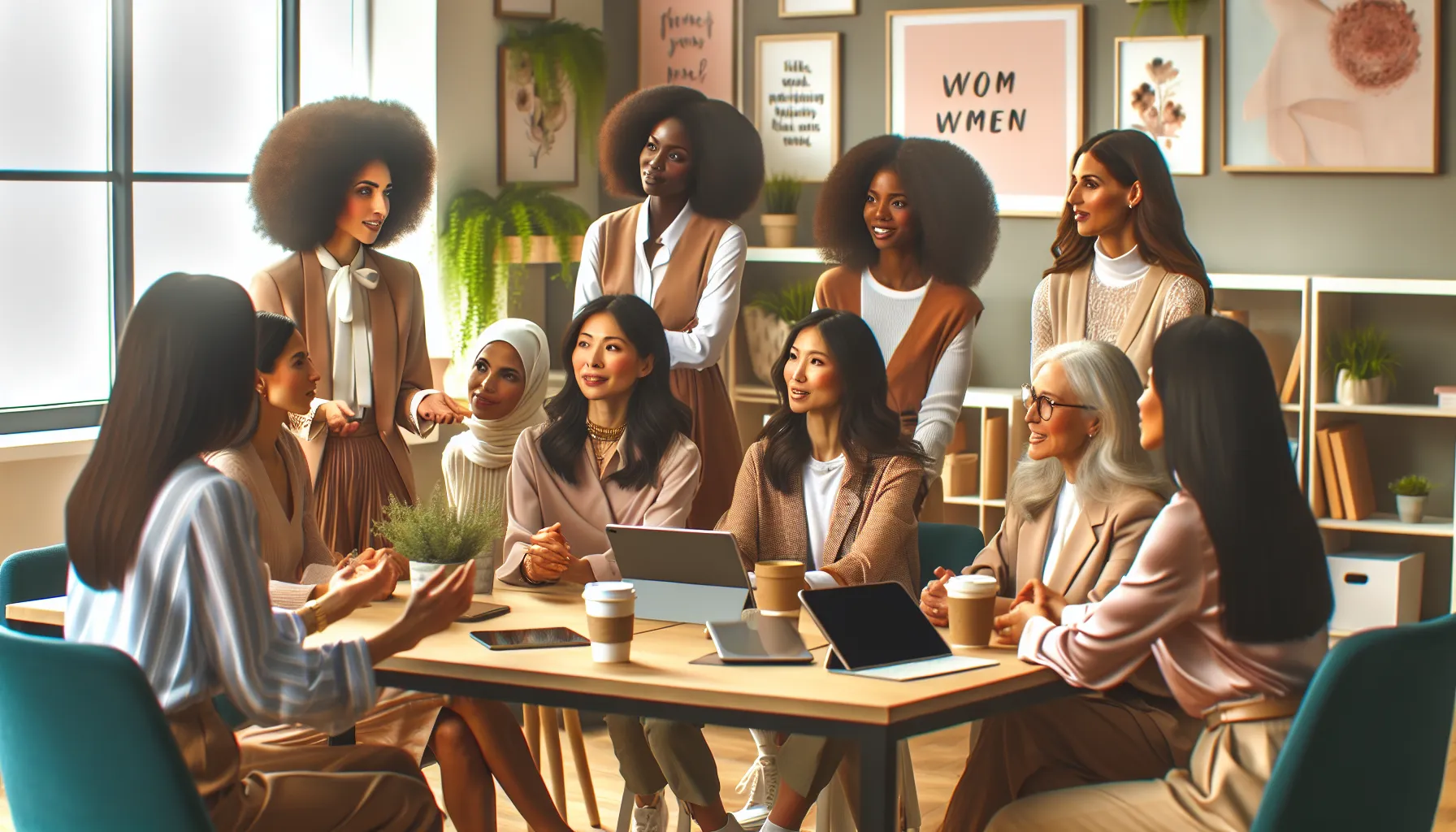 diverse women discussing at a modern conference table.