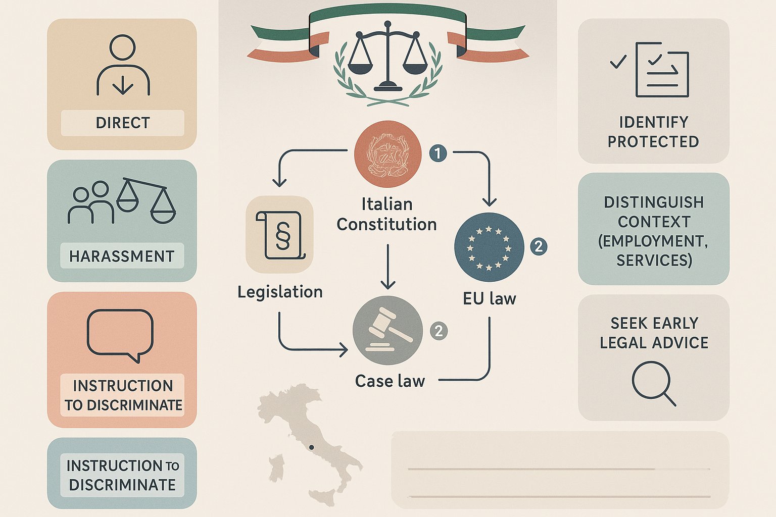 Infografica che mostra le basi legali e i passaggi per le rivendicazioni di discriminazione in Italia.