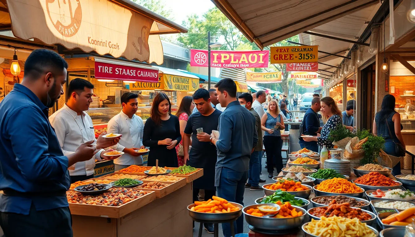 diverse chefs sharing global dishes in a lively market setting.
