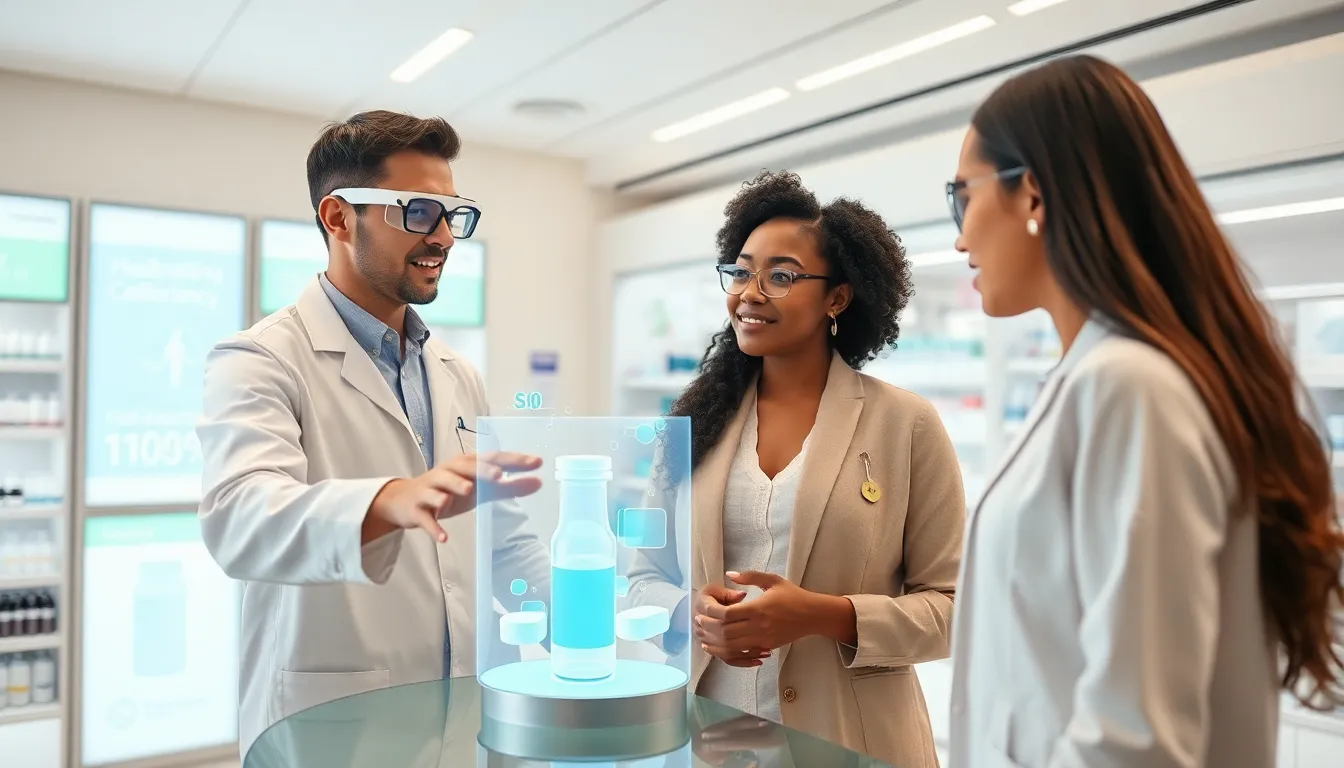 pharmacist using augmented reality technology in a modern pharmacy.