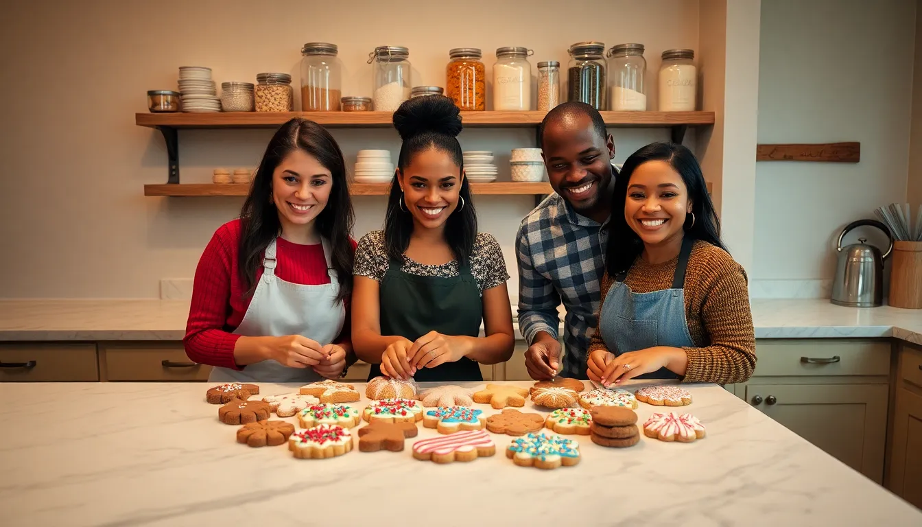 diverse bakers decorating cookies in a warm kitchen setting.