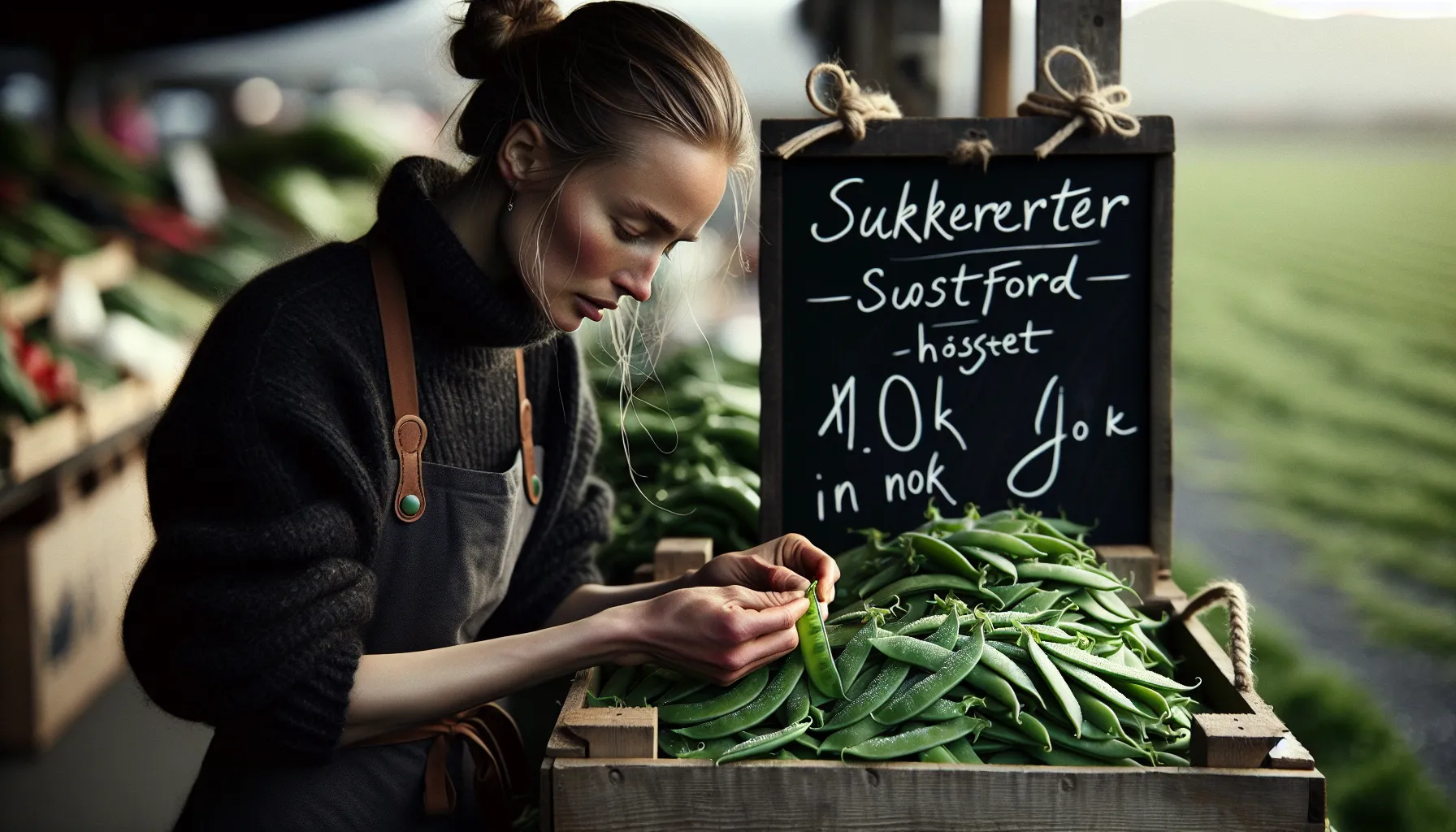 Norwegian chef testing crisp sugar snap peas at a farmers’ market.