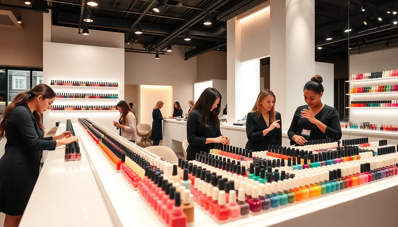 diverse professionals showcasing trendy nail colors in a modern salon.