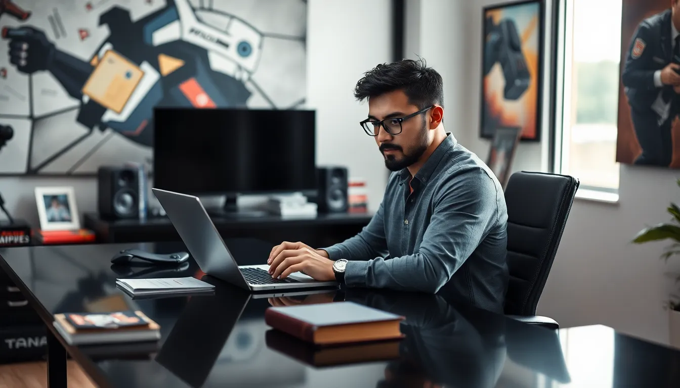 Dolofis Jelpan editing a gaming article in a modern office.