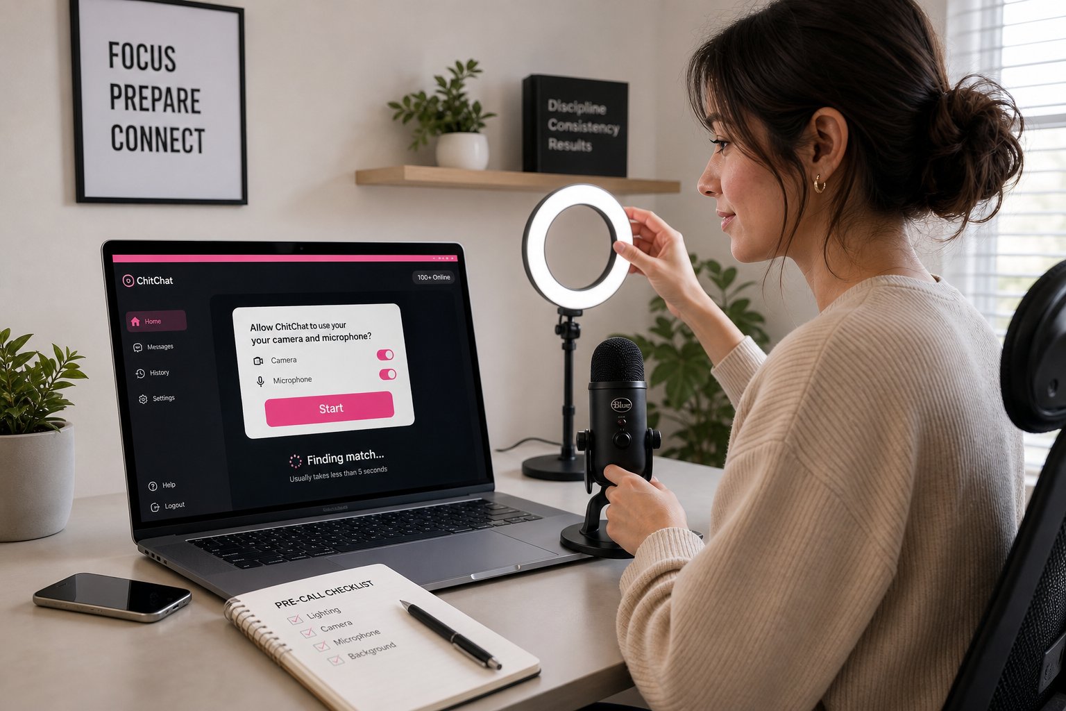 Professional checks lighting and mic before starting a pink-themed video chat.