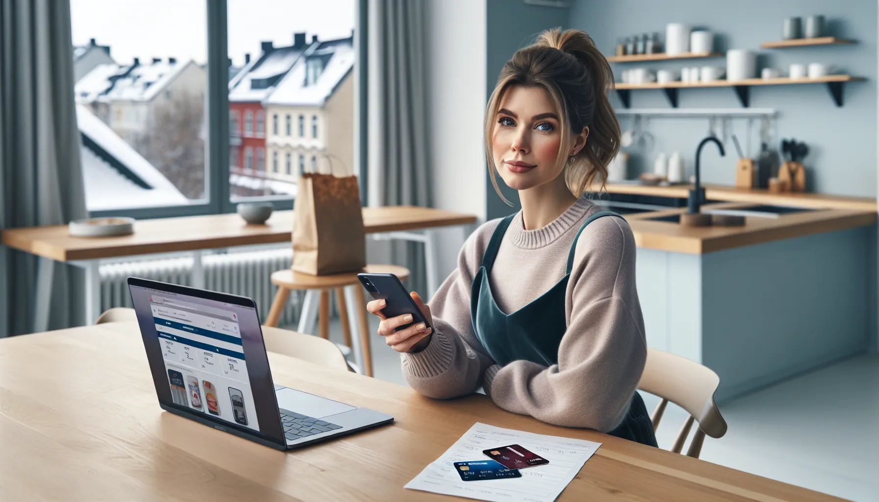 Slik kan du kombinere medlemsklubber og kredittkortfordeler 3 Norwegian shopper compares loyalty apps and credit cards at her kitchen table.
