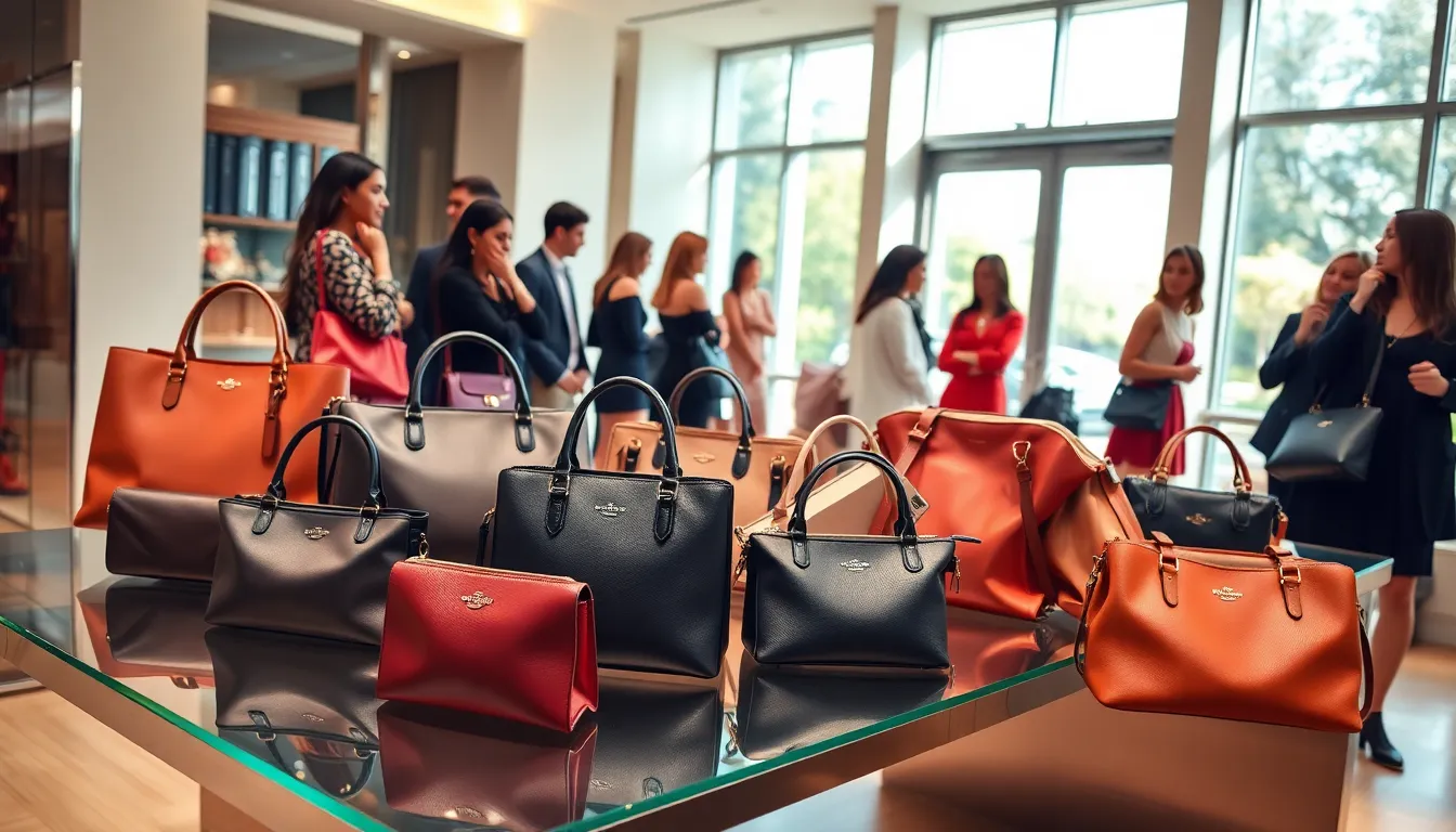 collection of Coach handbags in a modern boutique setting.