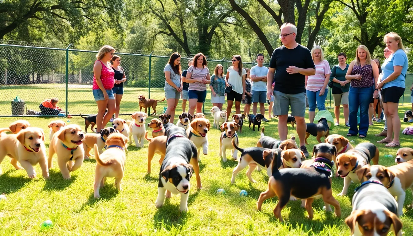 puppies playing together in a sunny park during a social event.