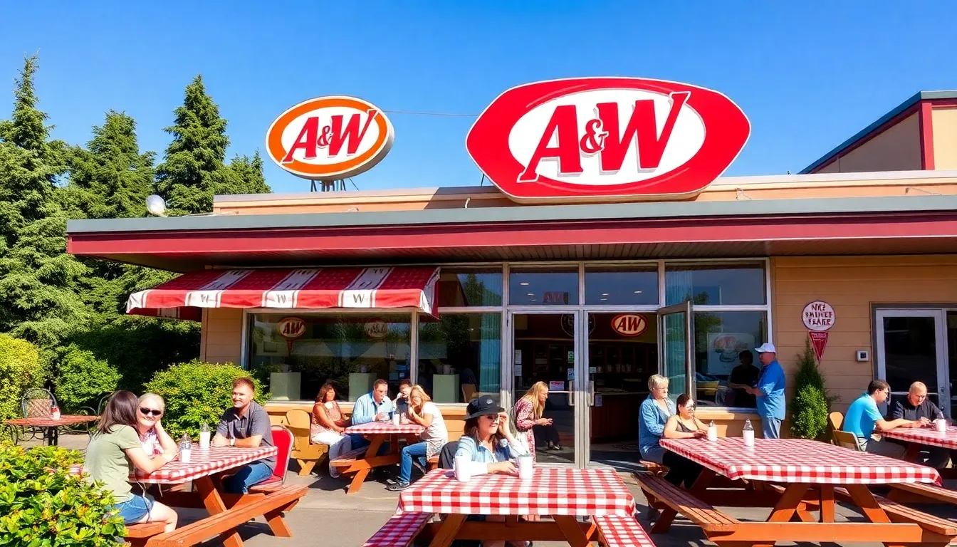families enjoying meals outside an A&W restaurant in Sweet Home.