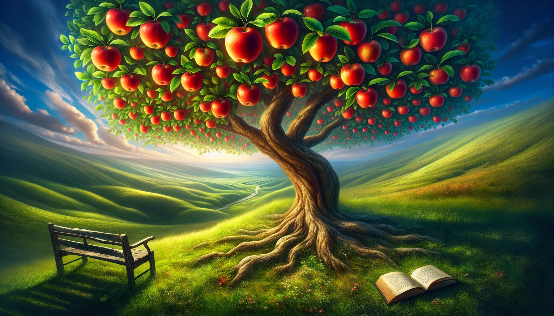 A tree with apples in a field symbolizing the study of gravity.