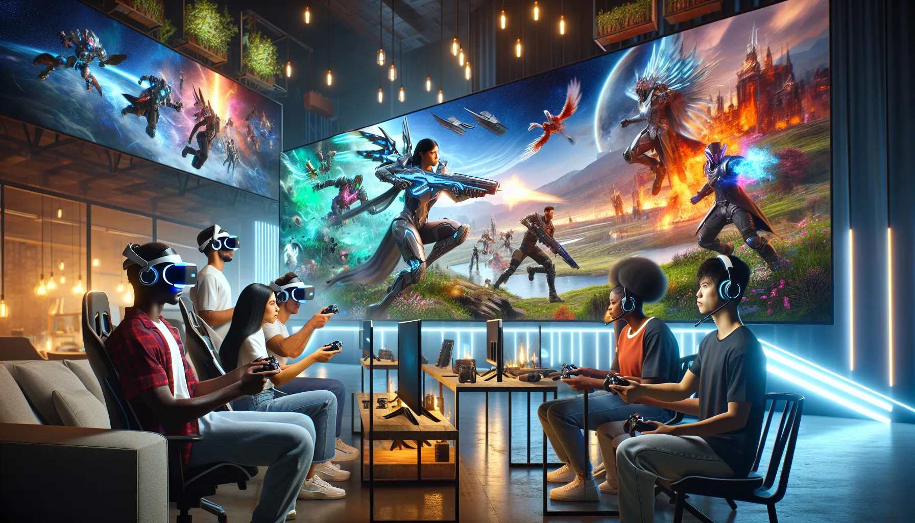 diverse group of gamers in a modern gaming lounge.