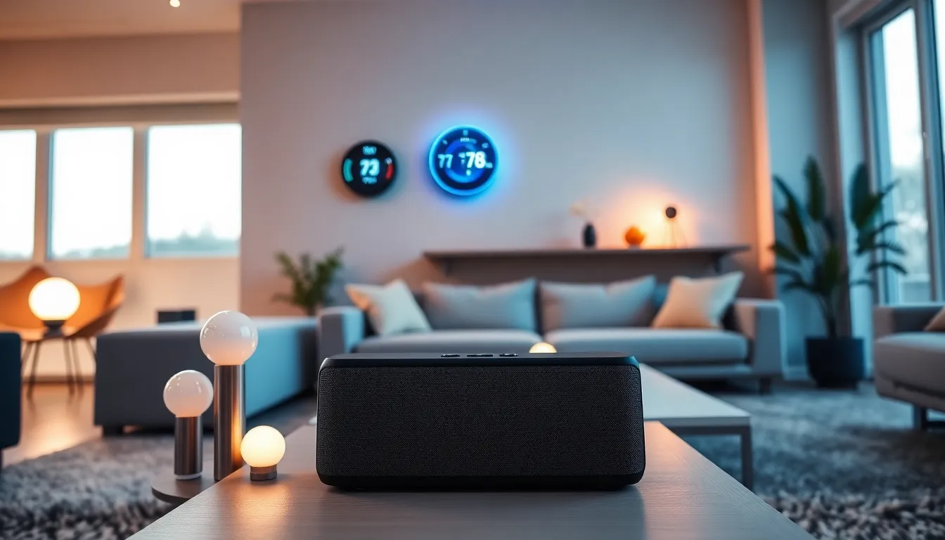 modern living room with various smart home gadgets displayed.