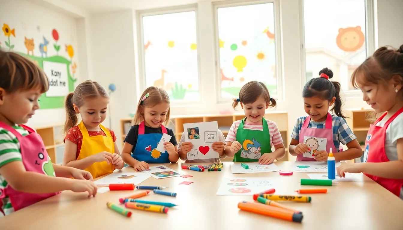 toddlers creating crafts about themselves in a colorful classroom.