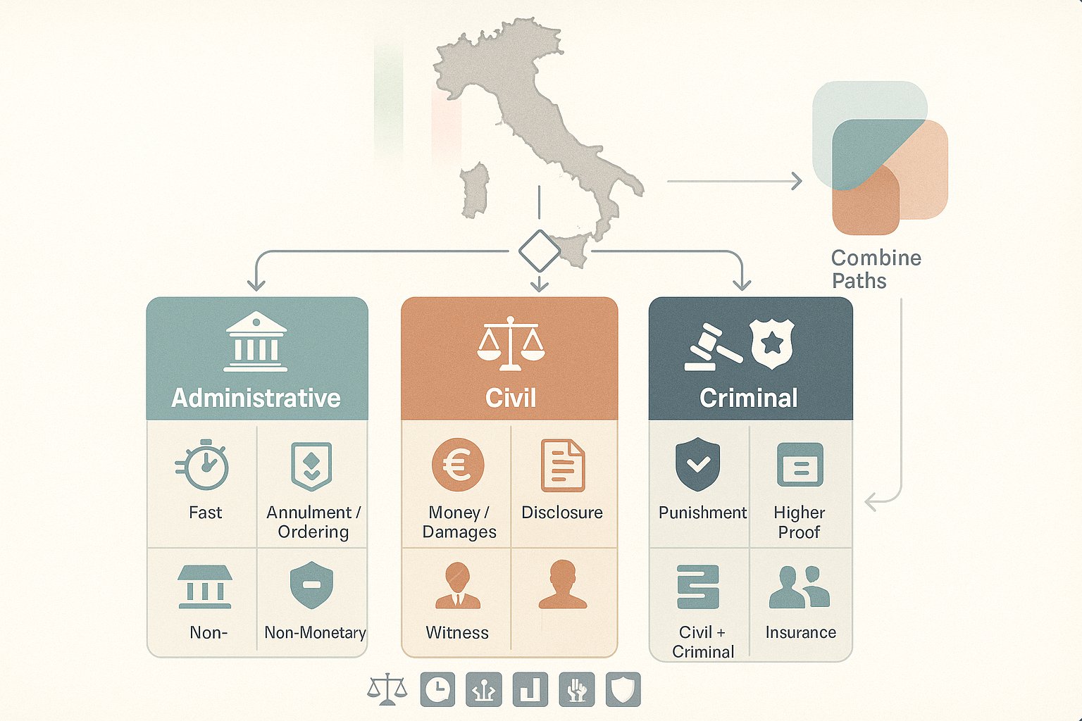 Infografica del flusso decisionale delle vie amministrative, civili e penali in Italia.