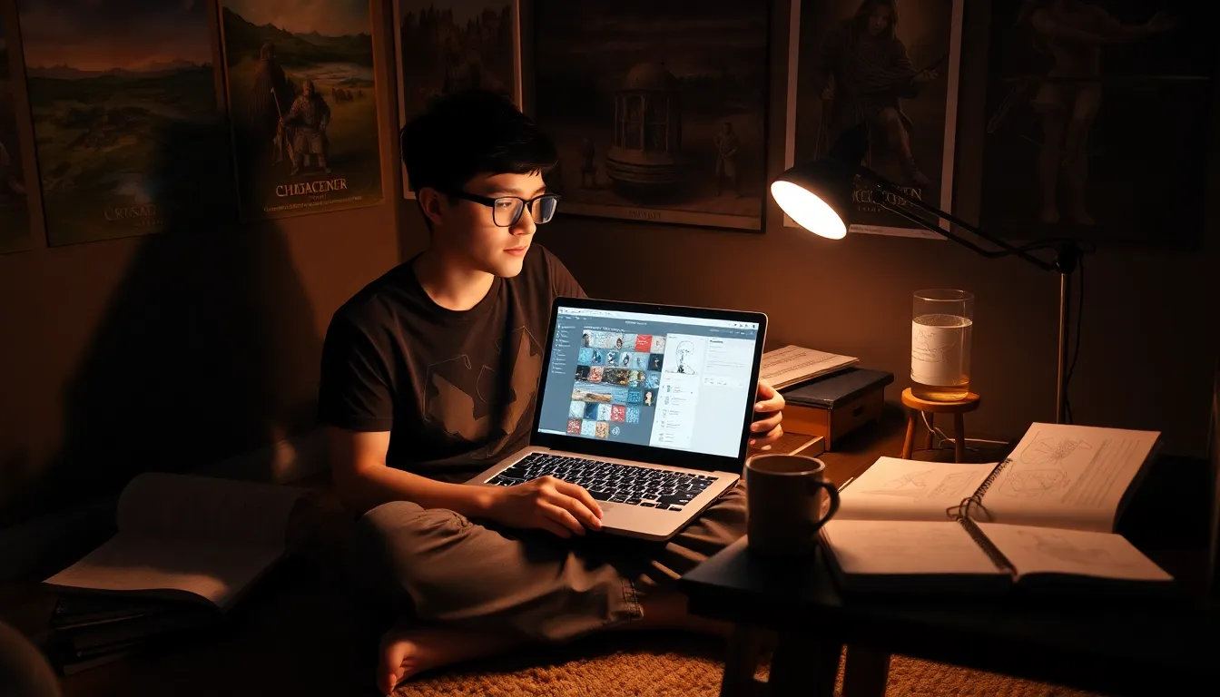 A young man creating characters in a cozy gaming space.